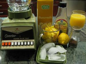 Ingredients for the Mango Shake (and our ancient blender!)